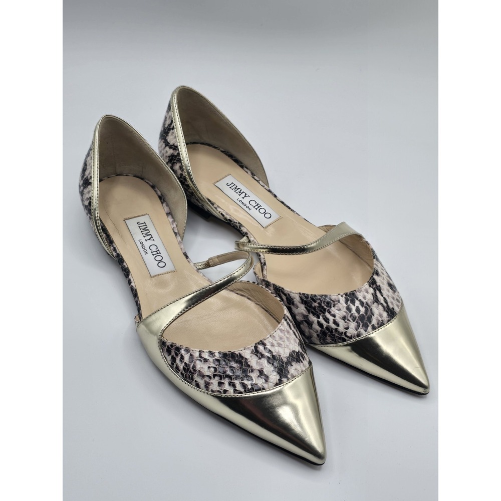 Jimmy Choo London Gold & Snakeskin Flats Size 39 Excellent Made In Italy